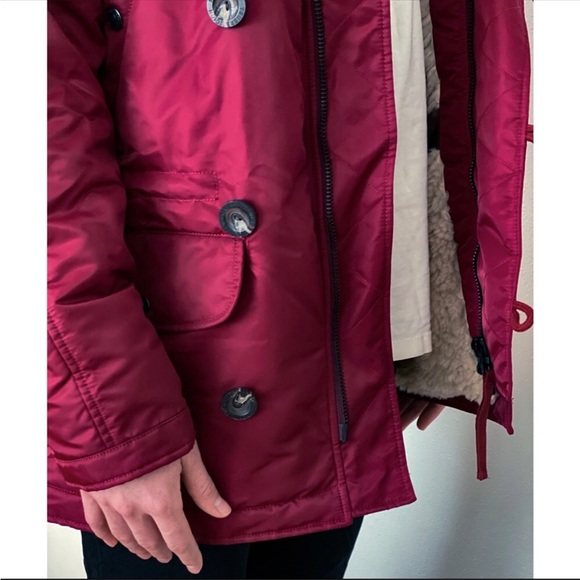 NEW True Religion Parka Fur Sherpa Zip Button Winter Jacket Hooded Coat Maroon - Picture 5 of 12